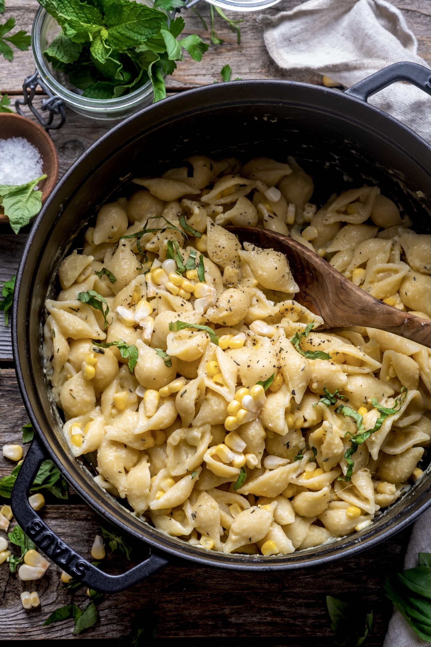 Miso butter pasta with sweet corn 