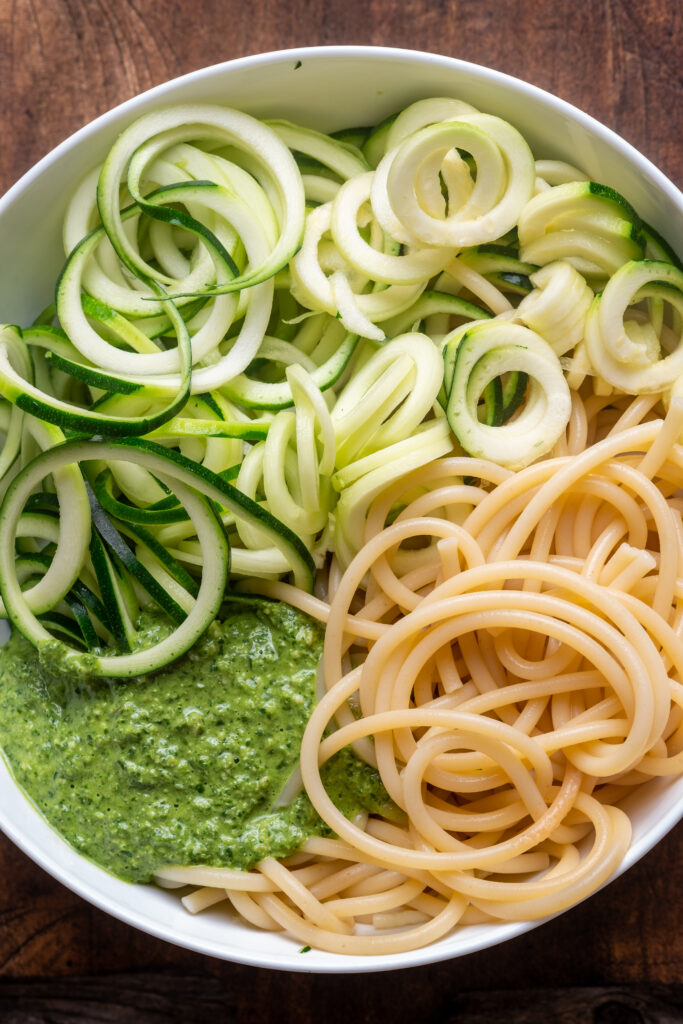 Basil Pesto Zucchini Noodles with Whipped Tofu Ricotta