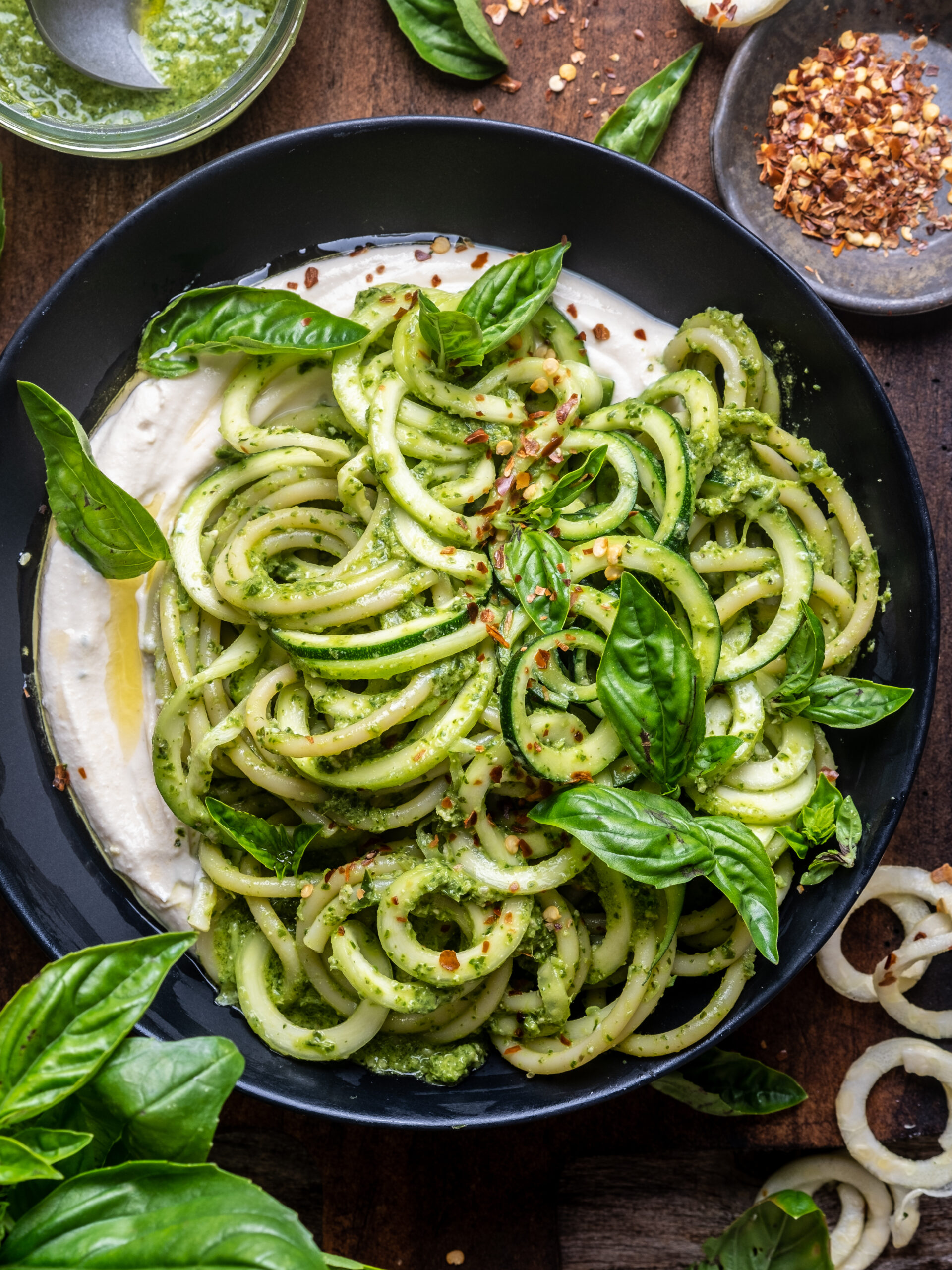 Basil Pesto Zucchini Noodles with Whipped Tofu Ricotta