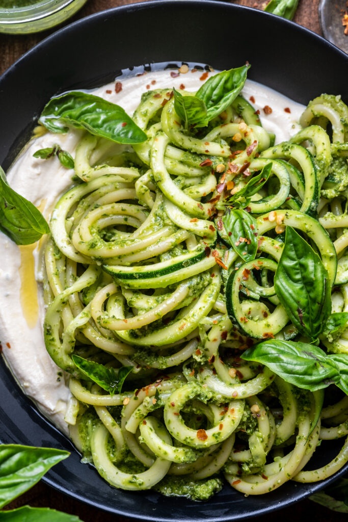 Basil Pesto Zucchini Noodles with Whipped Tofu Ricotta