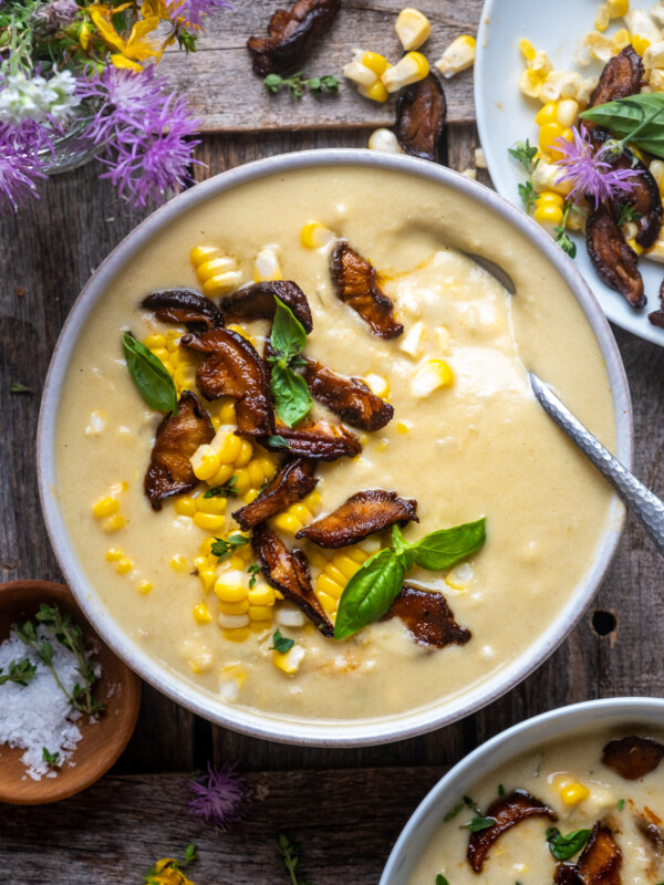 Vegan Corn Chowder with Shiitake Bacon