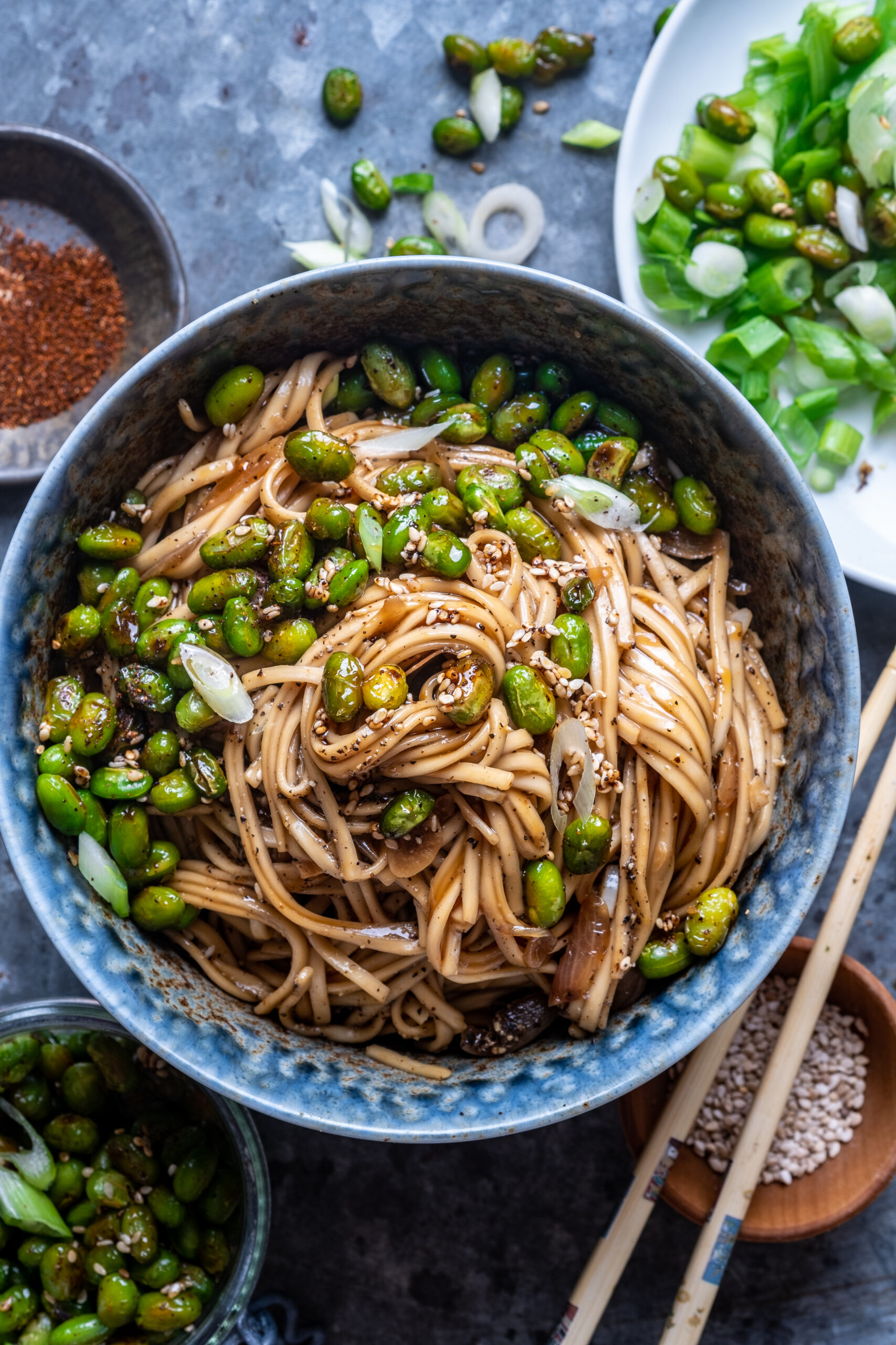 Black Pepper Noodles with Honey Roasted Edamame