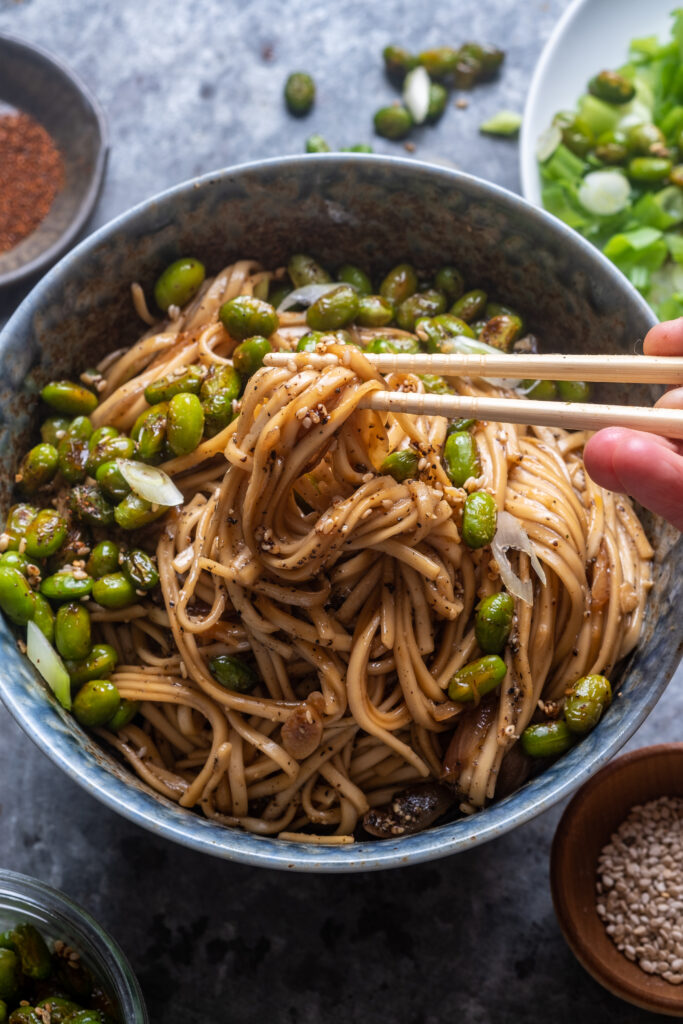 Black Pepper Noodles with Honey Roasted Edamame