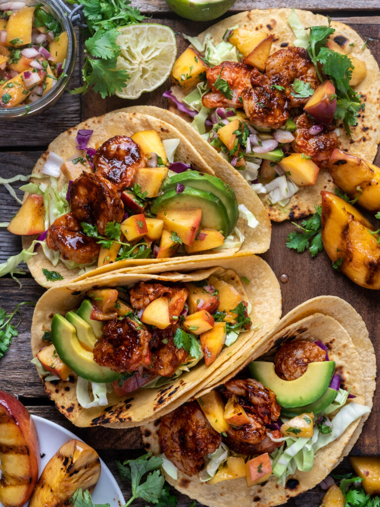 Chipotle BBQ shrimp tacos with grilled nectarine salsa