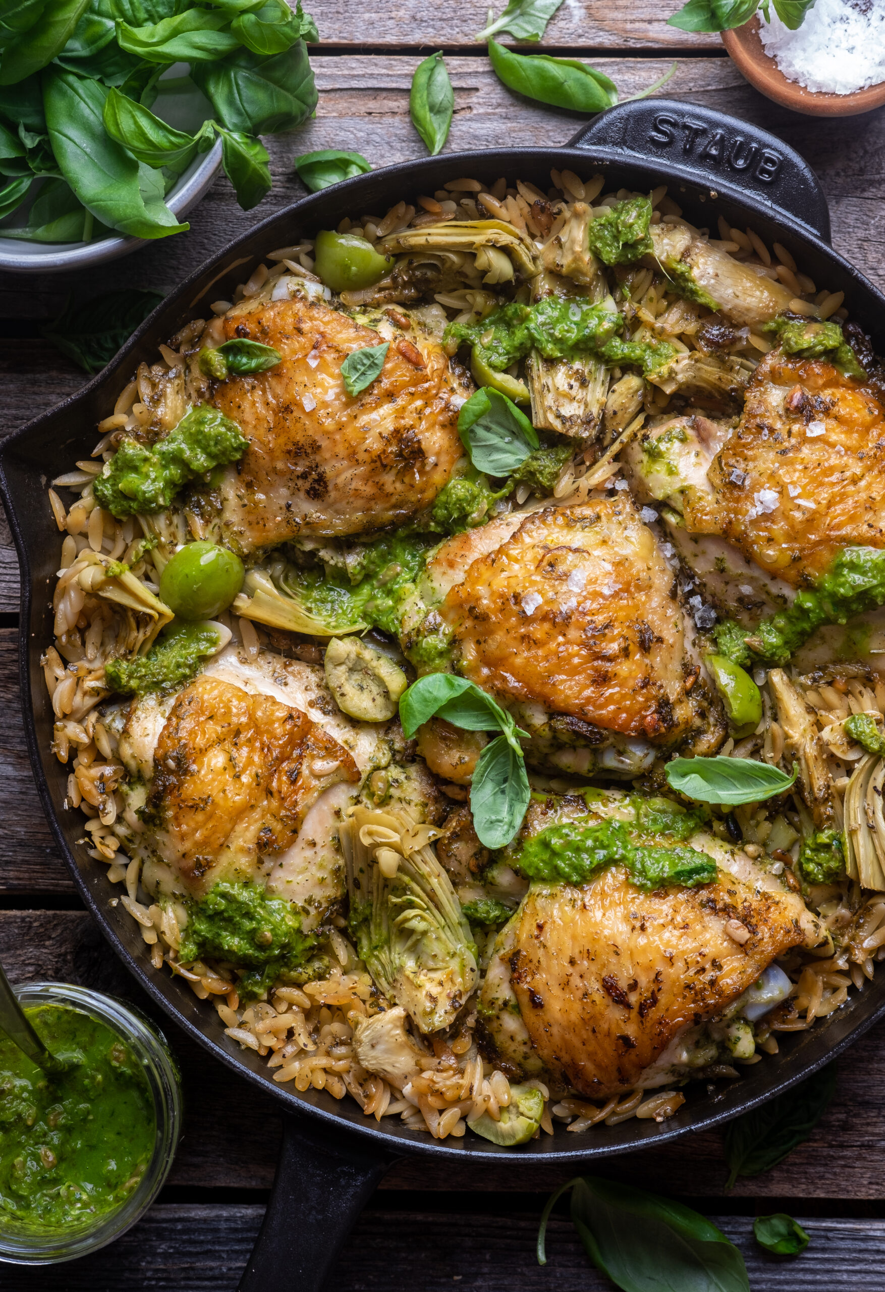 One Skillet Pesto Chicken and Orzo