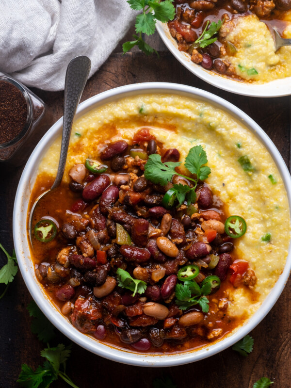 Three Bean Turkey Chili with Honey Jalapeño Grits
