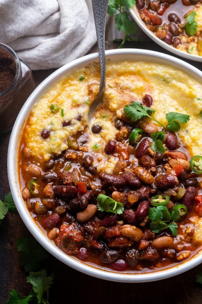 Three Bean Turkey Chili with Honey Jalape&ntilde;o Grits