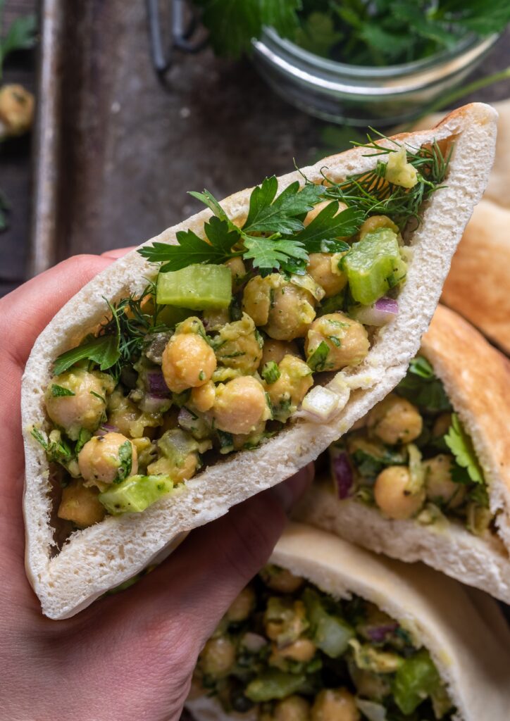 Herb Smashed Chickpea Salad Stuffed Pitas