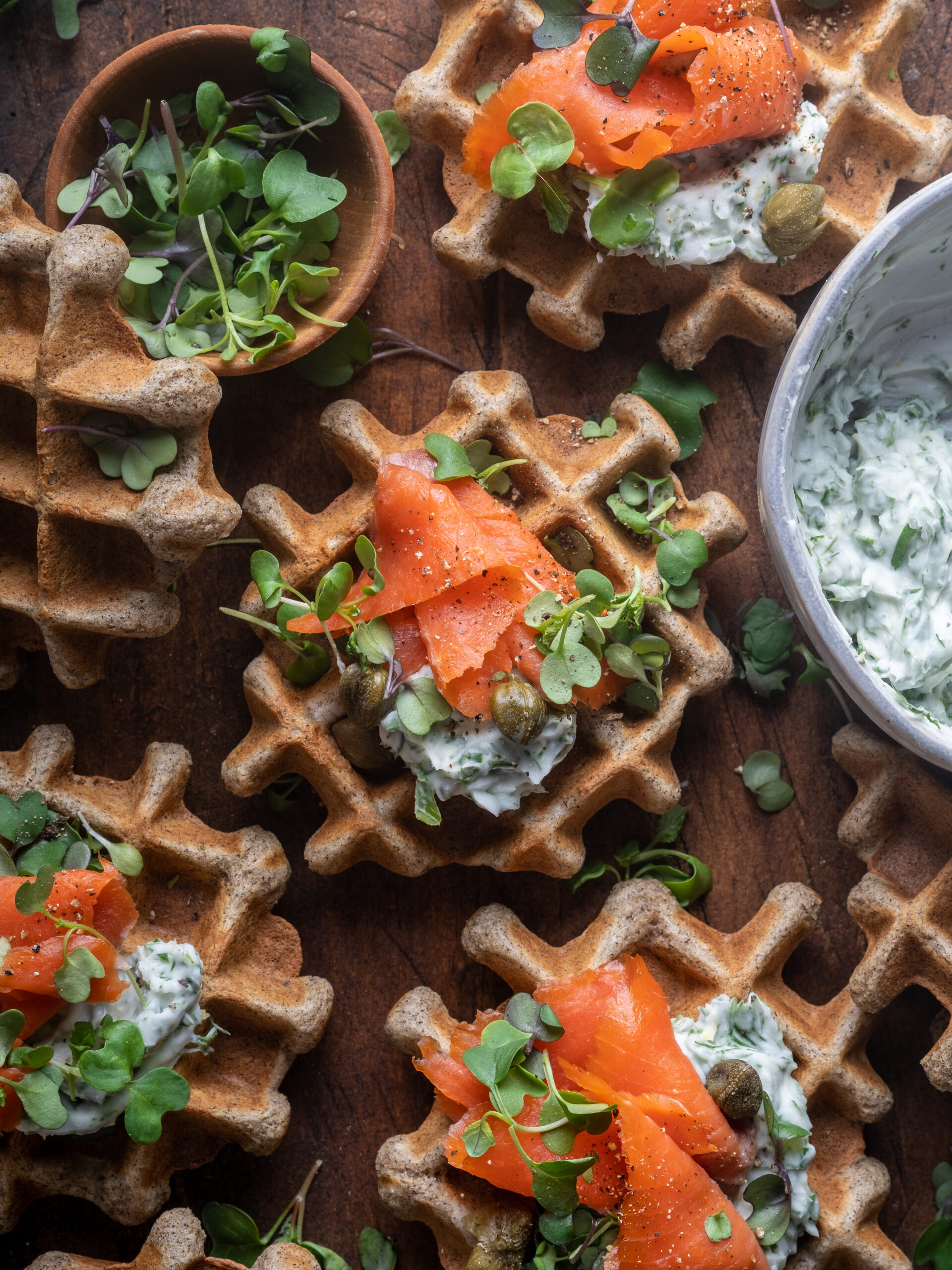Savory Buckwheat Waffles with Herbed Cream Cheese and Smoked Salmon