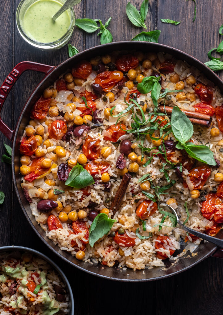 Baked Rice Puttanesca with Basil Aioli