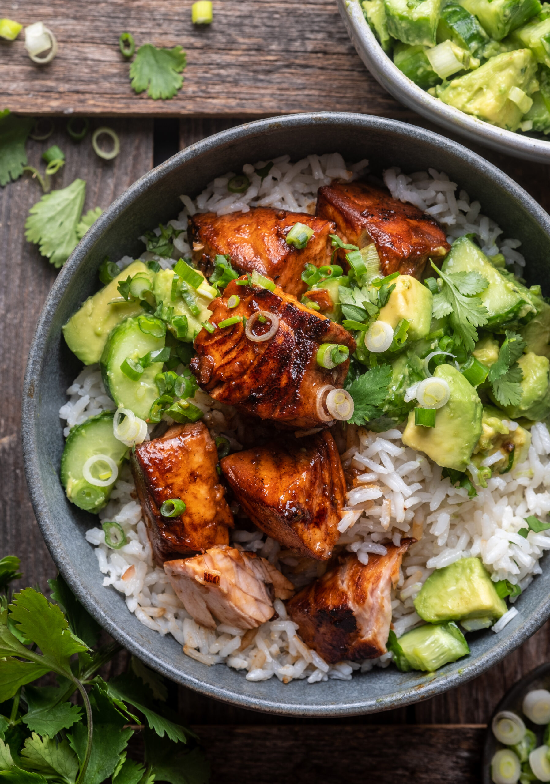 Honey Lime Salmon Bowls with coconut rice and avocado salsa