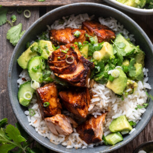 Honey Lime Salmon Bowls with Coconut Rice and Avocado Salsa