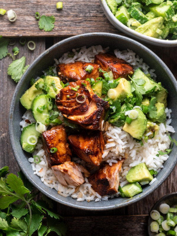 Honey Lime Salmon Bowls with Coconut Rice and Avocado Salsa