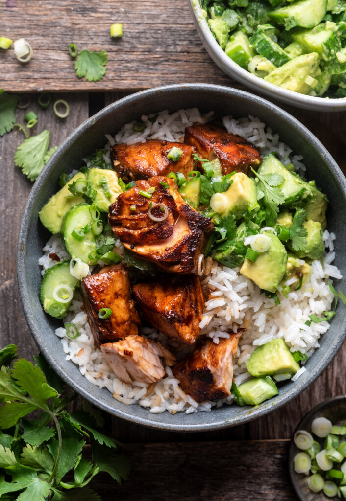 Honey Lime Salmon Bowls with coconut rice and avocado salsa