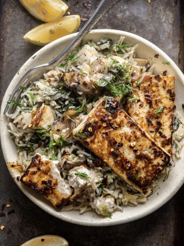 Spinach artichoke rice with hot honey tofu
