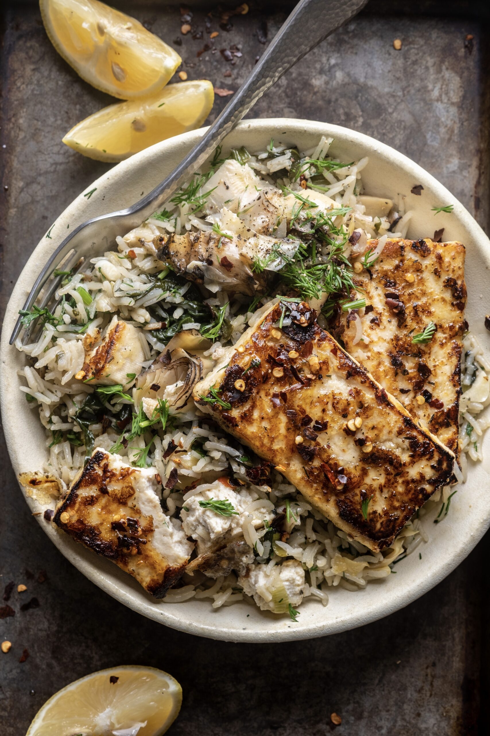 Spinach artichoke rice with hot honey tofu