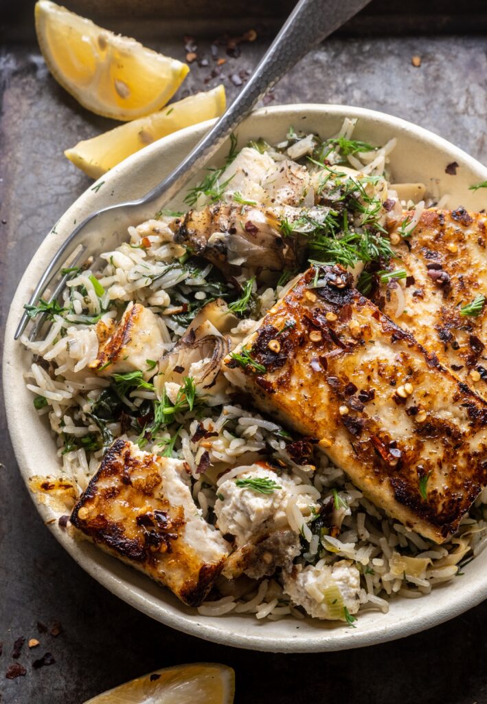 Spinach Artichoke Rice with Hot Honey Tofu