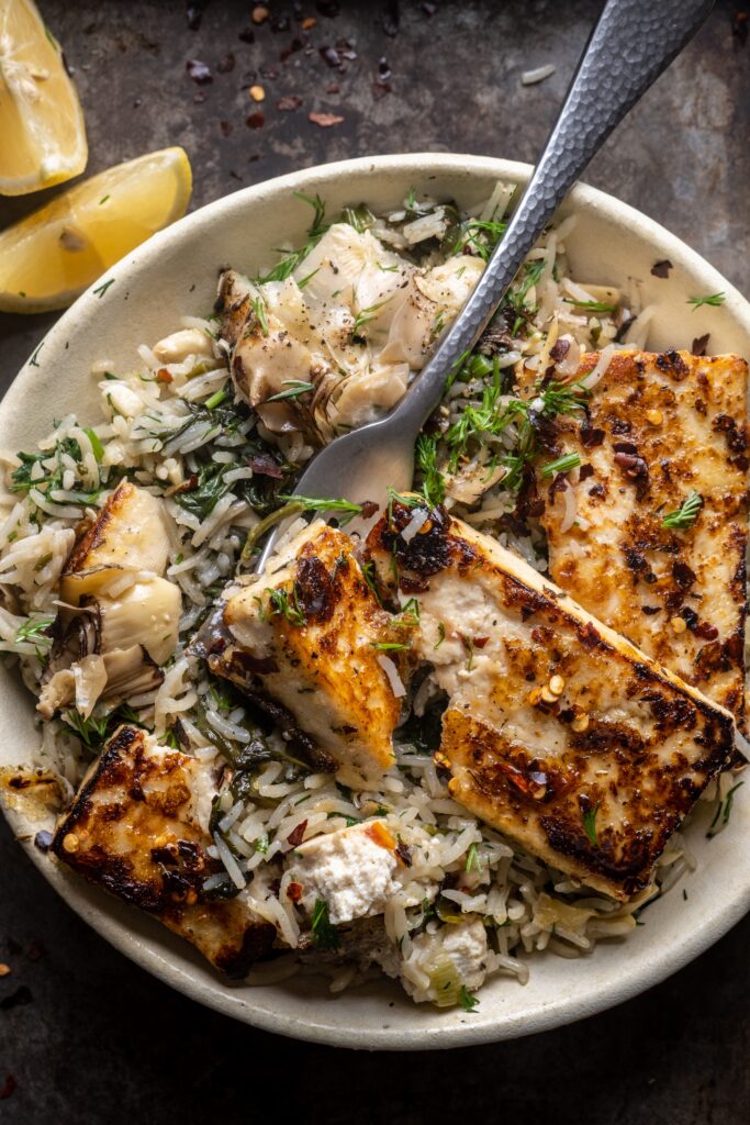 Spinach Artichoke Rice with Hot Honey Tofu