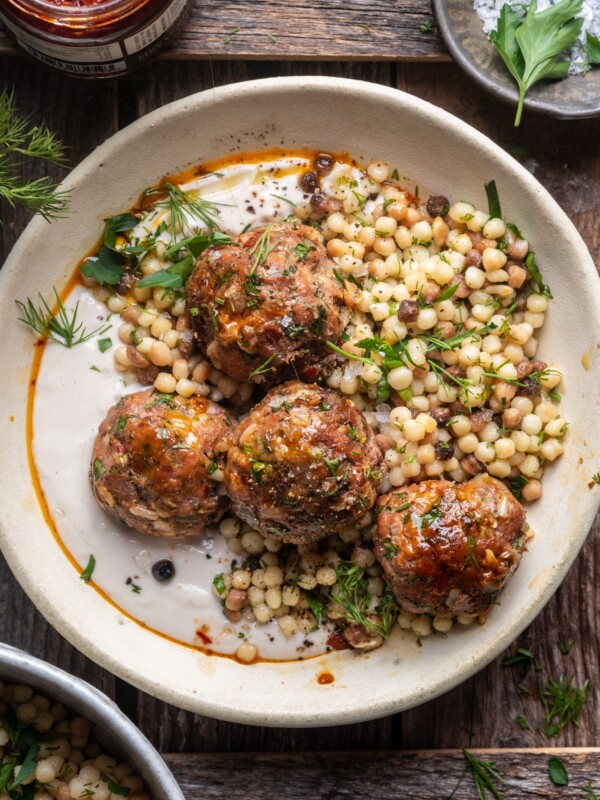 Harissa Meatballs with fregola and lemony yogurt