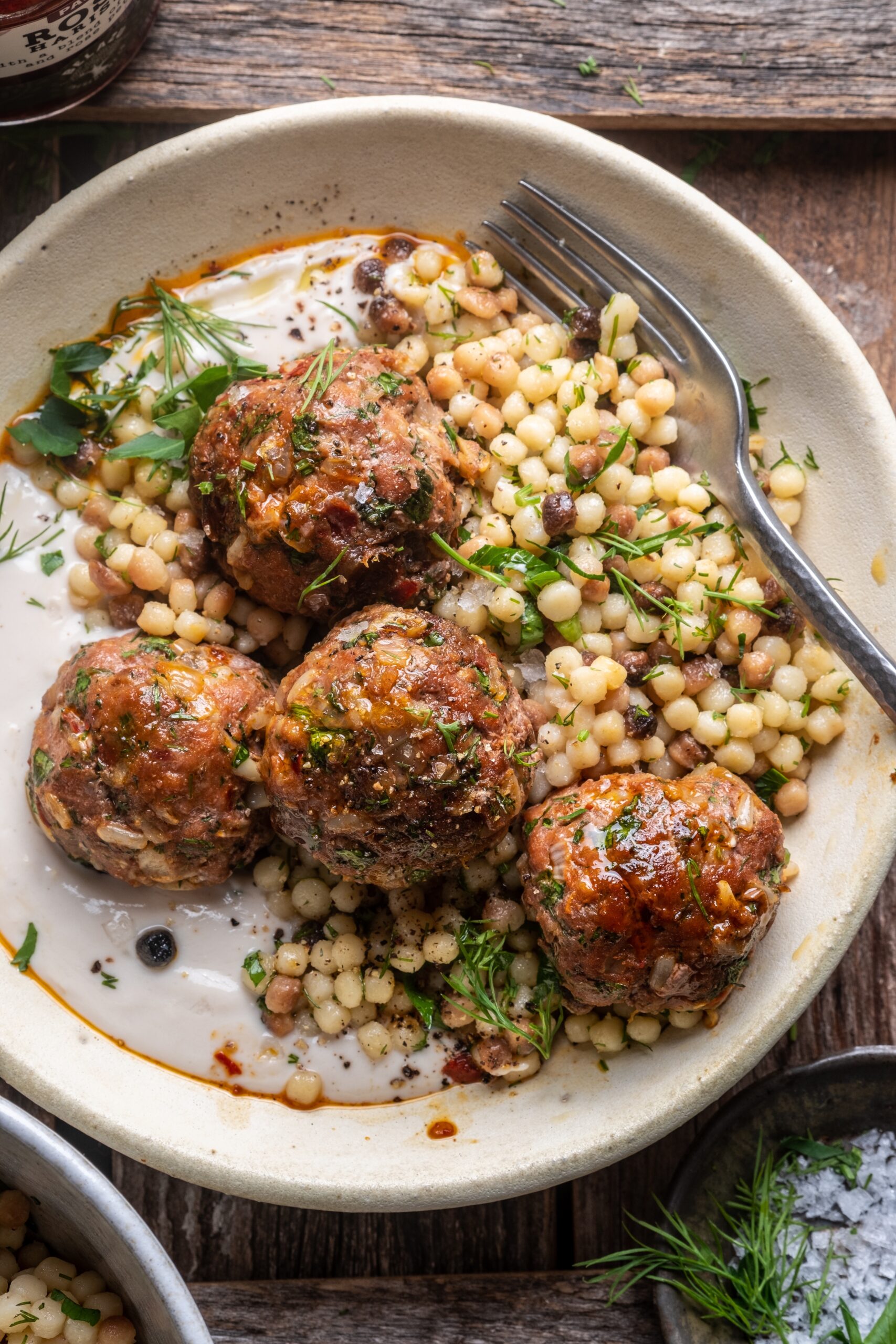  Harissa Meatballs with Fregola and Lemony Yogurt 