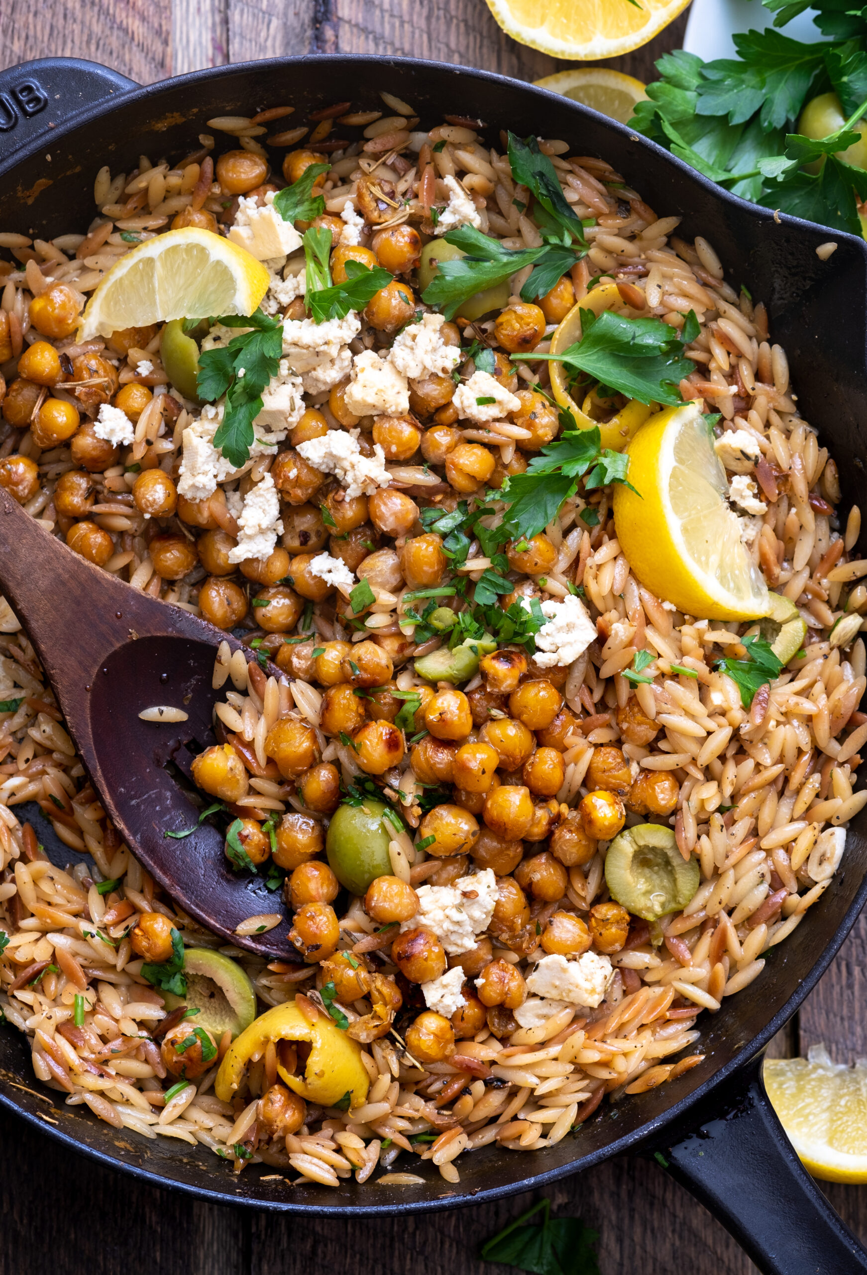 Toasted Lemon Pepper Orzo with Crispy Chickpeas (vegan)