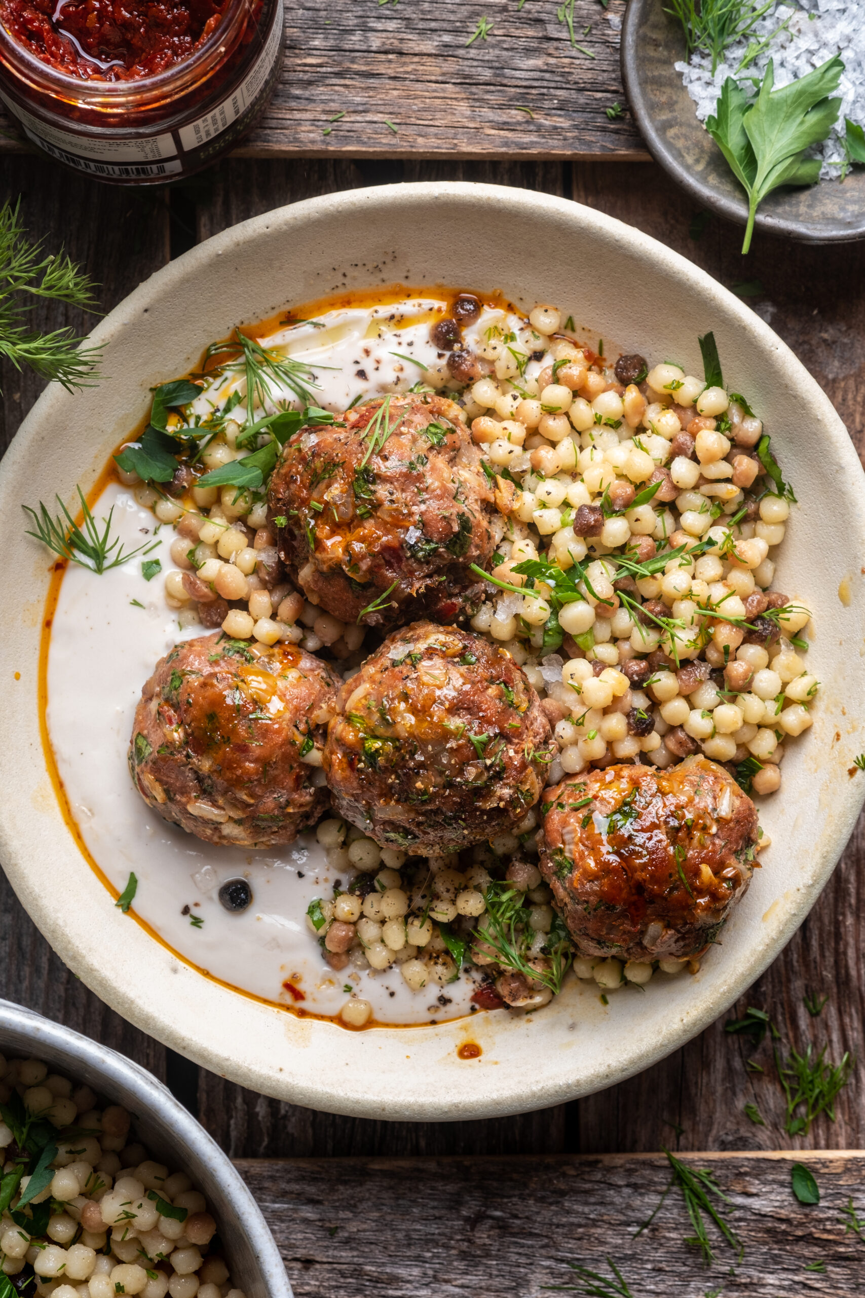 Harissa Meatballs with Fregola and Lemony Yogurt