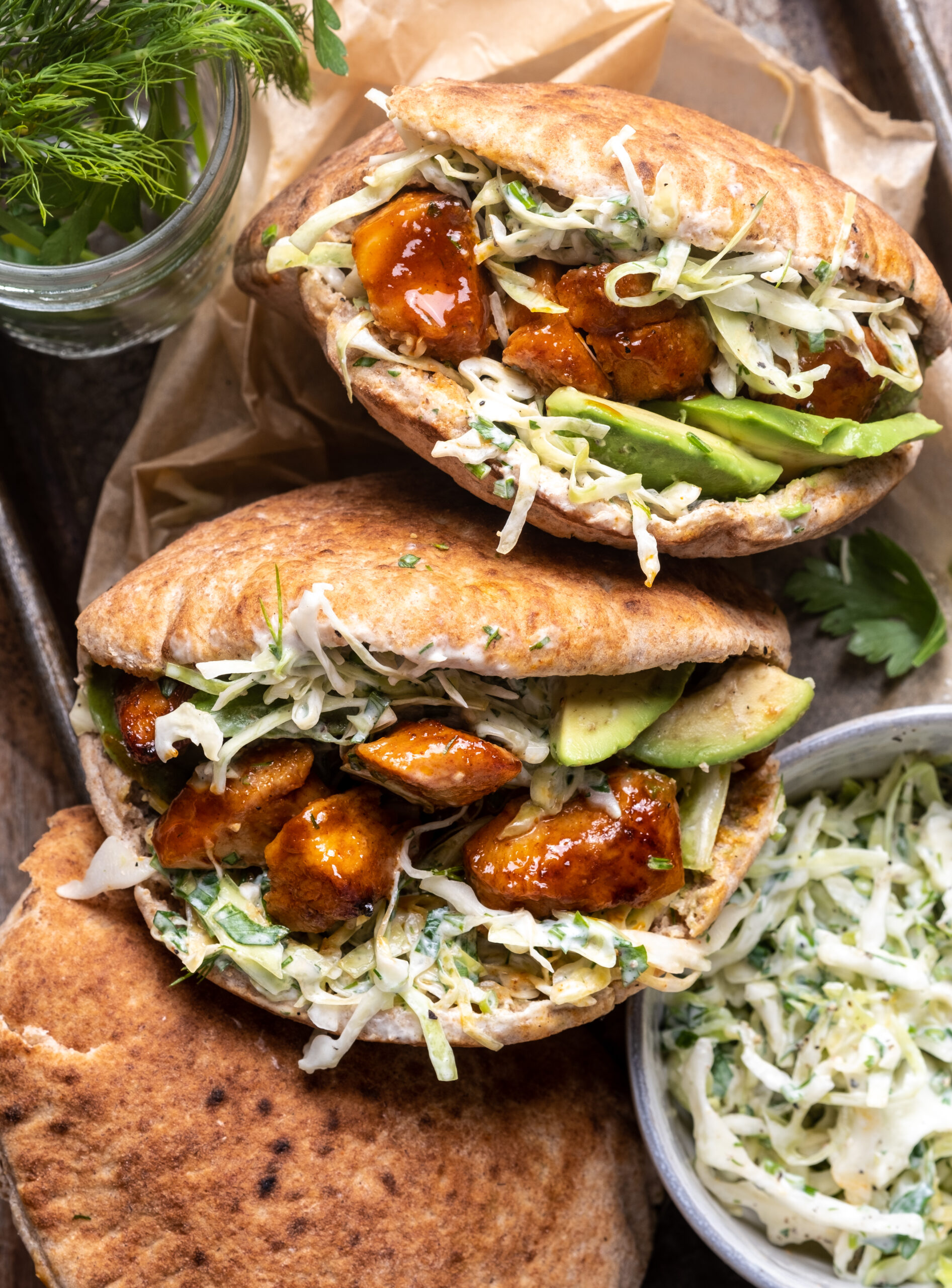 Chicken Pitas with Herby Ranch Slaw