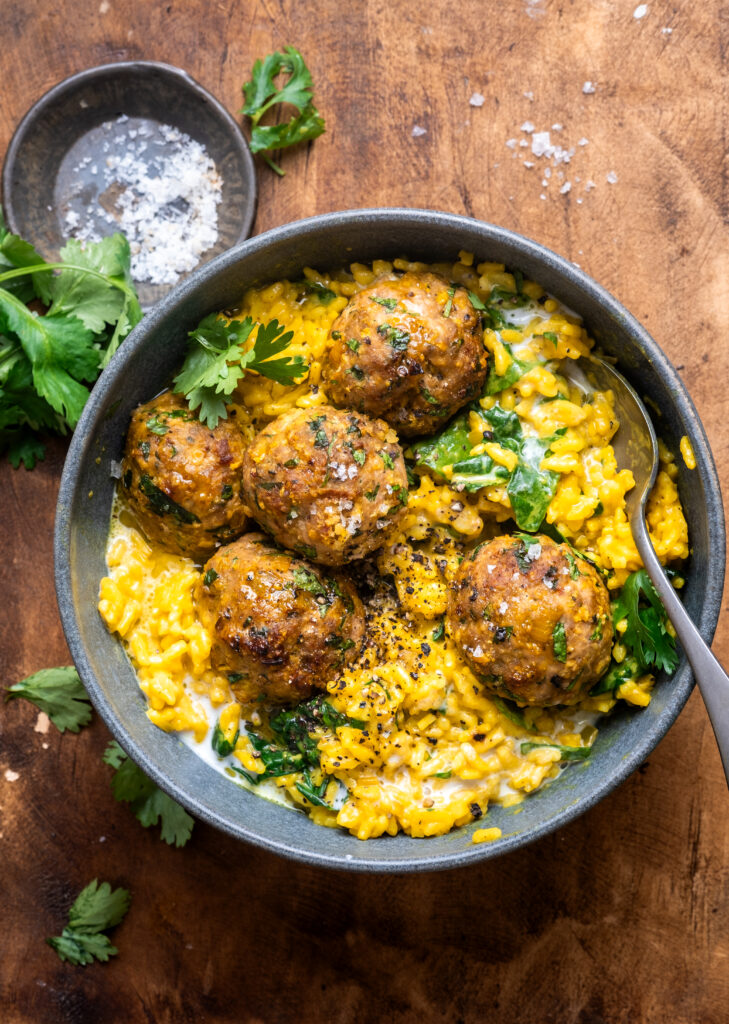 Baked Chicken Meatballs with Creamy Golden Rice