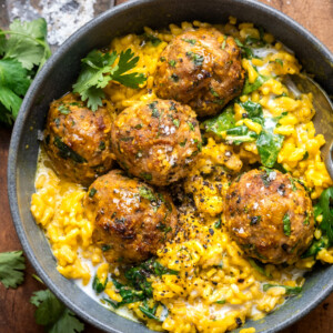Baked Chicken Meatballs with Creamy Golden Rice