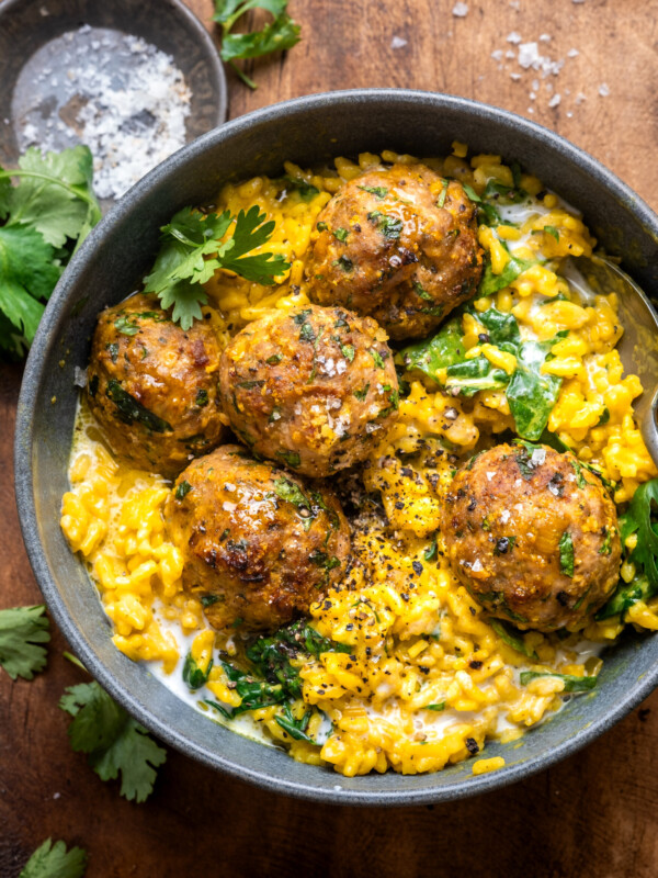 Baked Chicken Meatballs with Creamy Golden Rice
