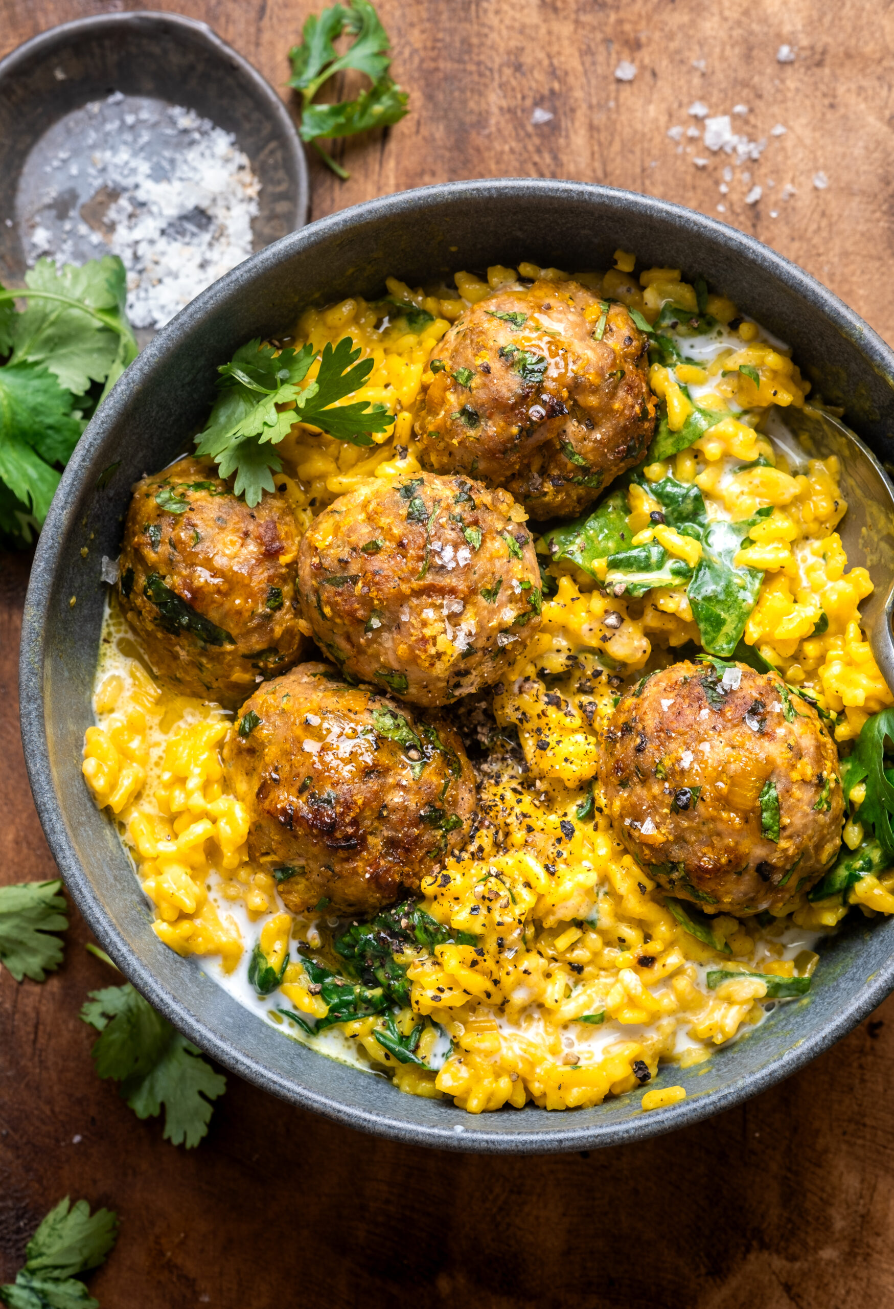 Baked Chicken Meatballs with Creamy Golden Rice