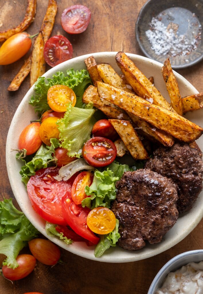 Burger Bowls with Caramelized Onion Aioli