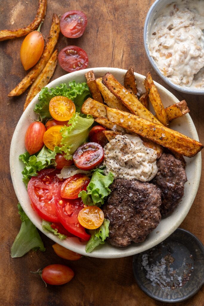 Burger Bowls with Caramelized Onion Aioli