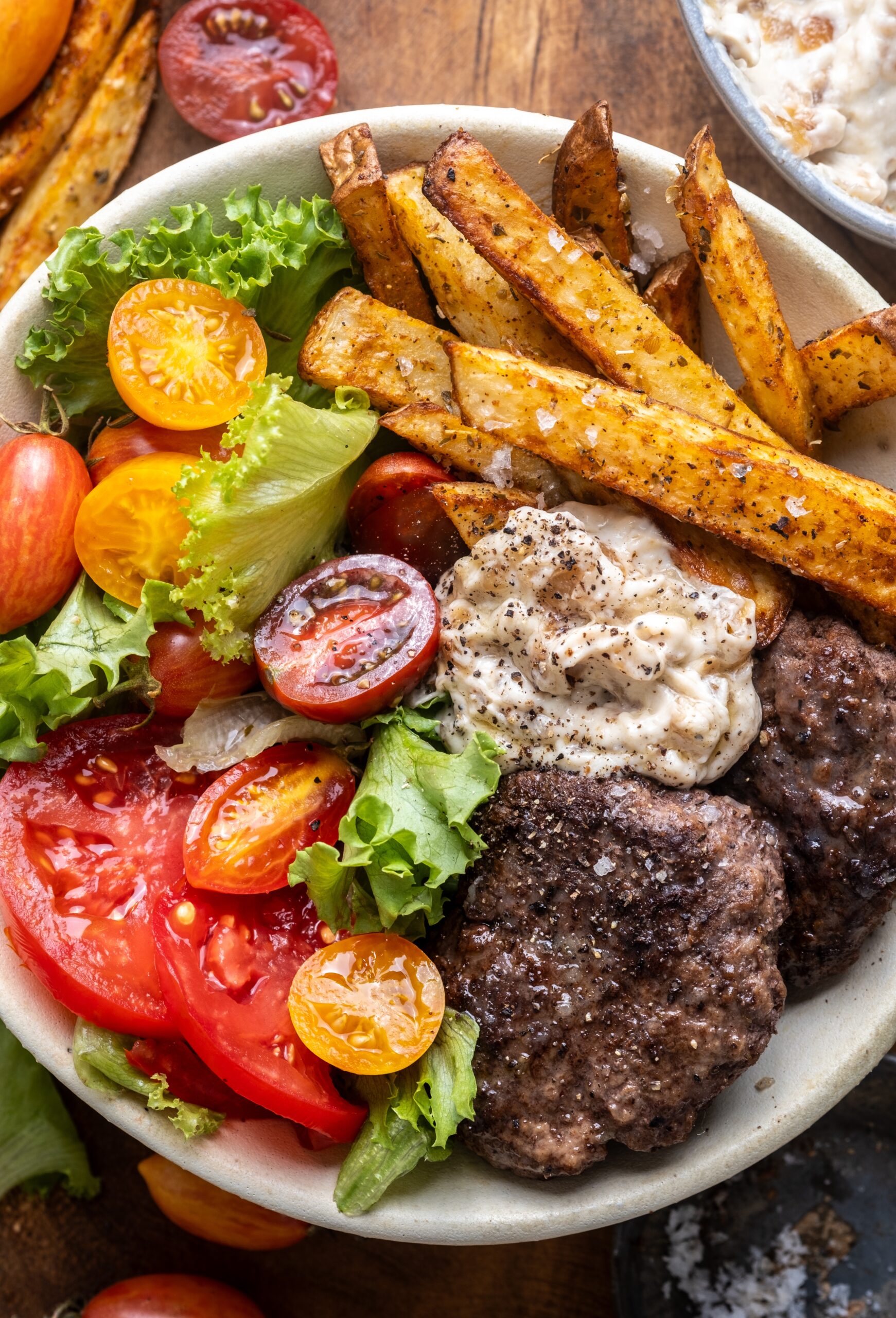 Burger Bowls with Caramelized Onion Aioli