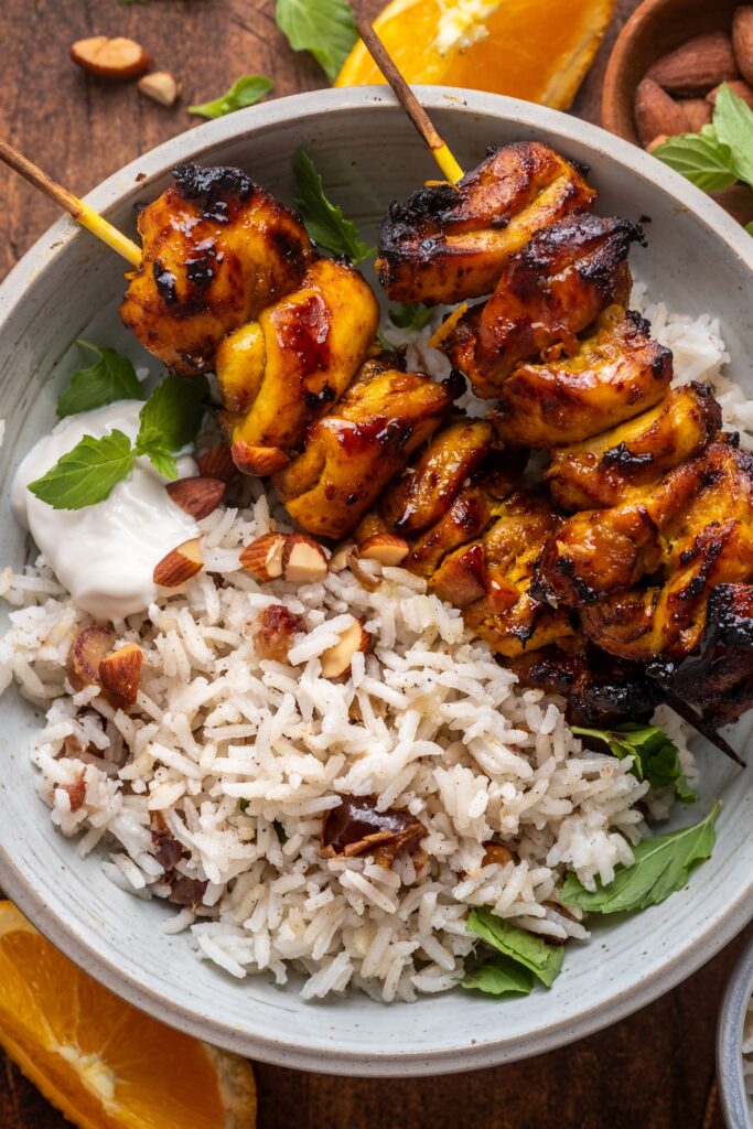 Citrus Chicken Kebabs with Cardamom Rice