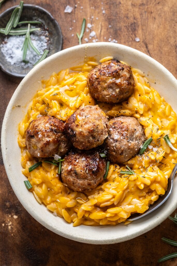 Lemon Thyme Meatballs with Pumpkin Orzo