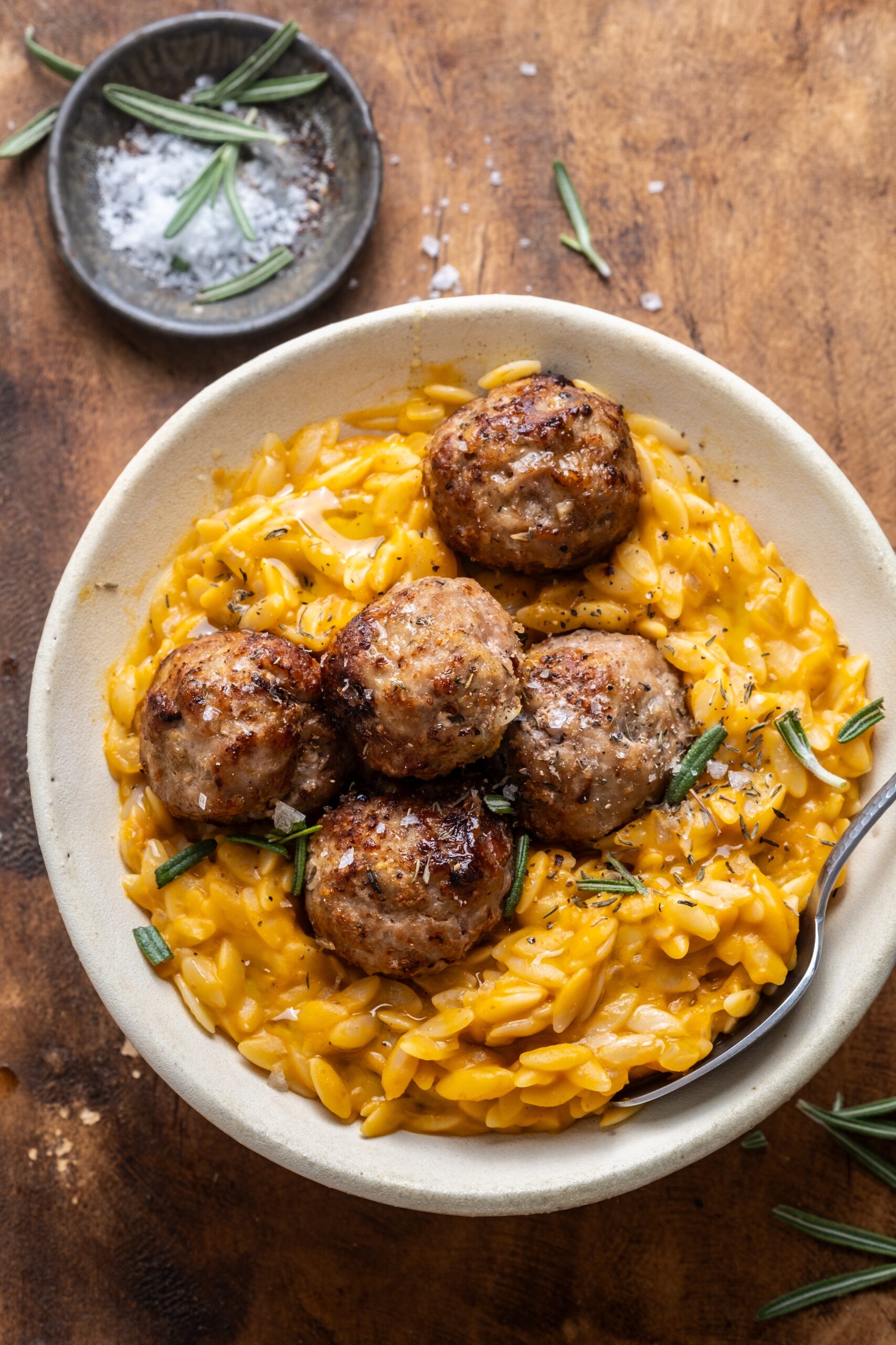 Lemon Thyme Meatballs with pumpkin orzo