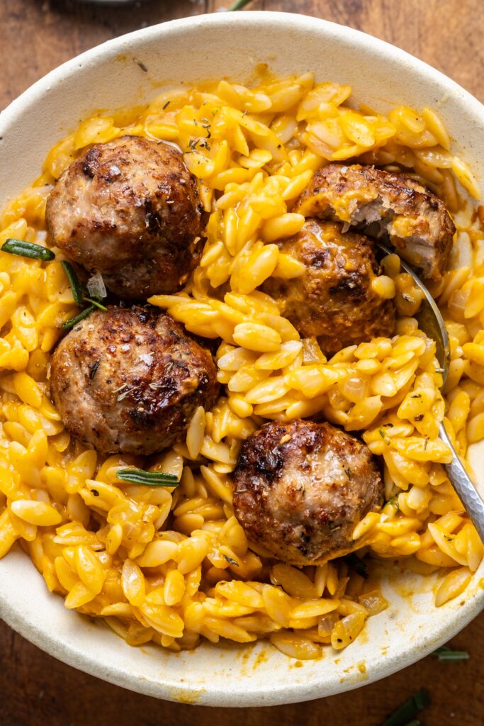 Lemon Thyme Meatballs with Pumpkin Orzo