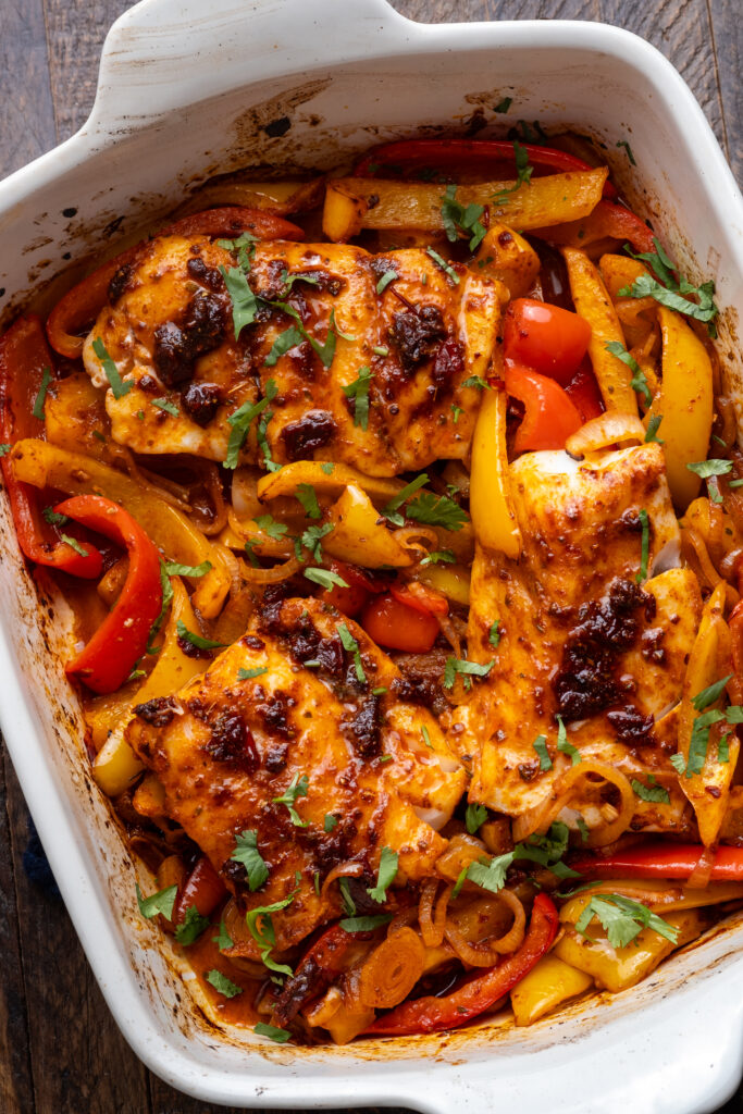 Chipotle Baked Cod with Jammy Peppers