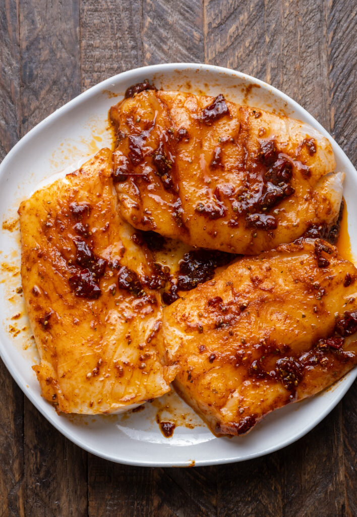 Chipotle Baked Cod with Jammy Peppers