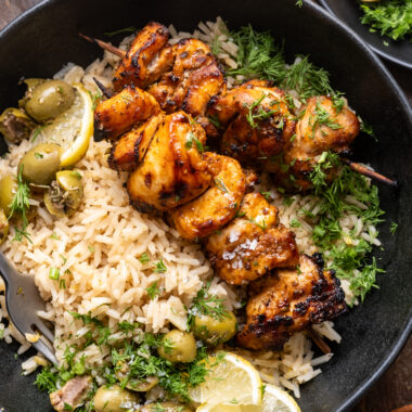 Greek Chicken Skewers with Lemon Rice