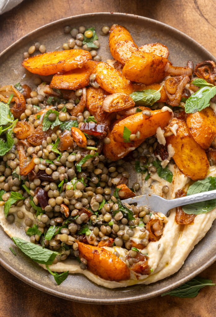 Roasted Carrot and Lentil Salad with Hummus