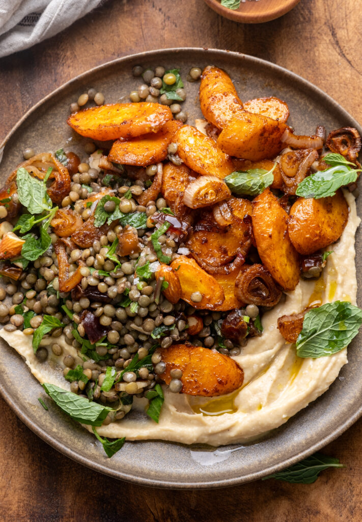 Roasted Carrot and Lentil Salad with Hummus