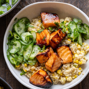Miso Salmon Bites with Corn Rice