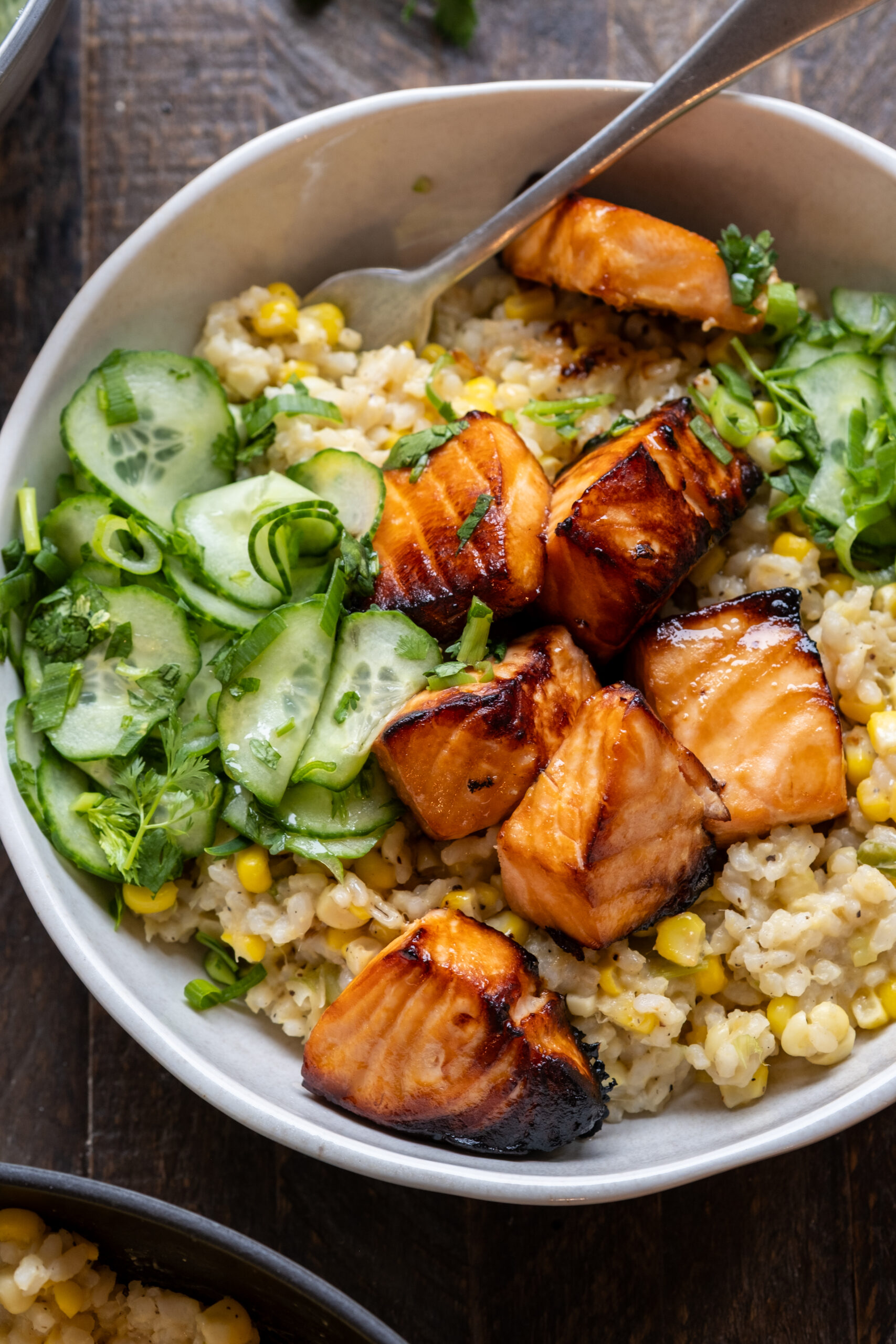 Miso Salmon Bites with Corn Rice