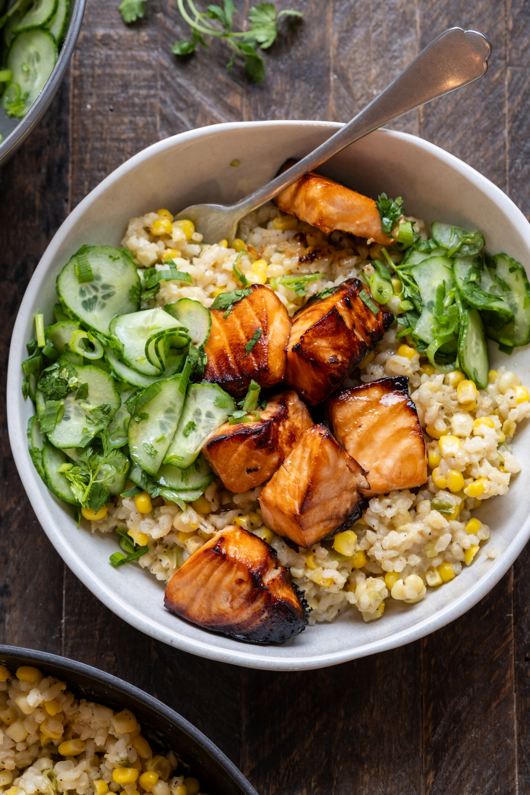 Miso Salmon Bites with Corn Rice